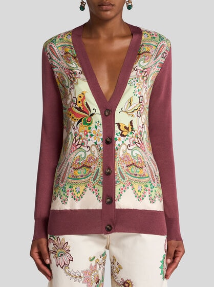 COTTON AND SILK CARDIGAN WITH BUTTERFLY MOTIF