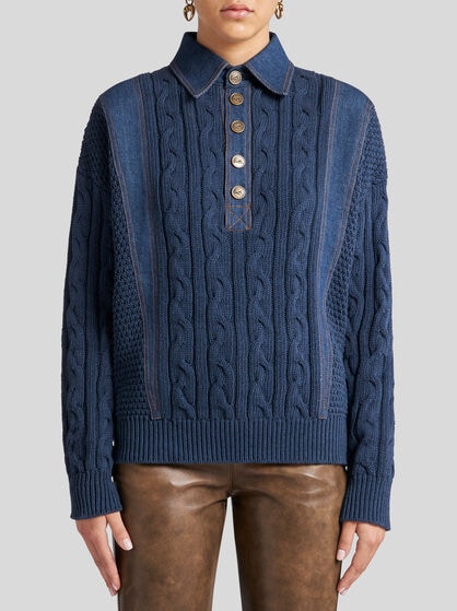 KNIT POLO SHIRT WITH DENIM INSERTS
