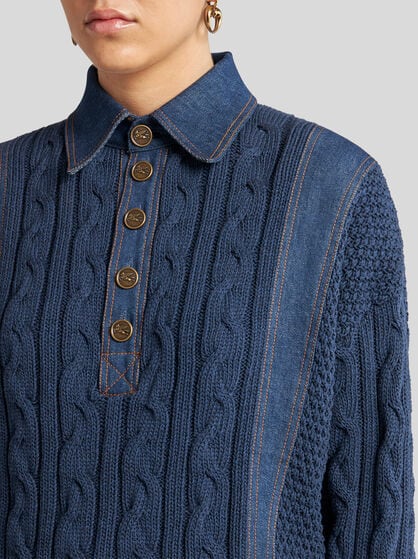 KNIT POLO SHIRT WITH DENIM INSERTS