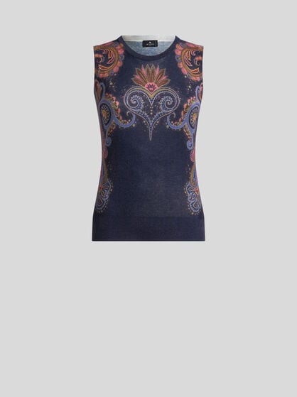 SLEEVELESS SILK AND CASHMERE TOP WITH PLACED PAISLEY PRINT