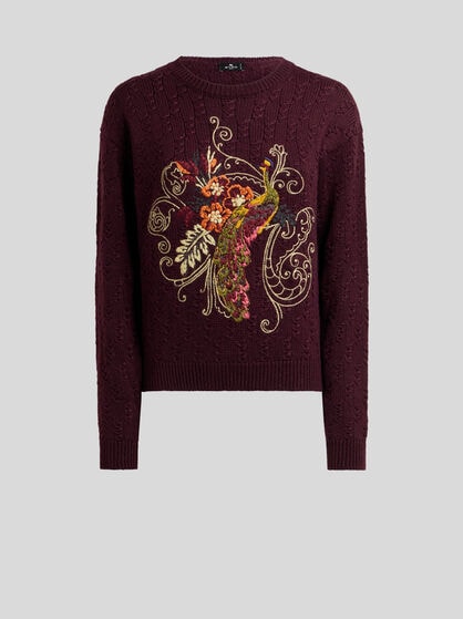 CROPPED CABLE-KNIT CASHMERE-BLEND SWEATER WITH PEACOCK EMBROIDERY