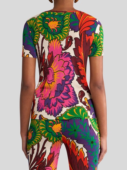 RIBBED T-SHIRT WITH MULTICOLOURED FLORAL PRINT