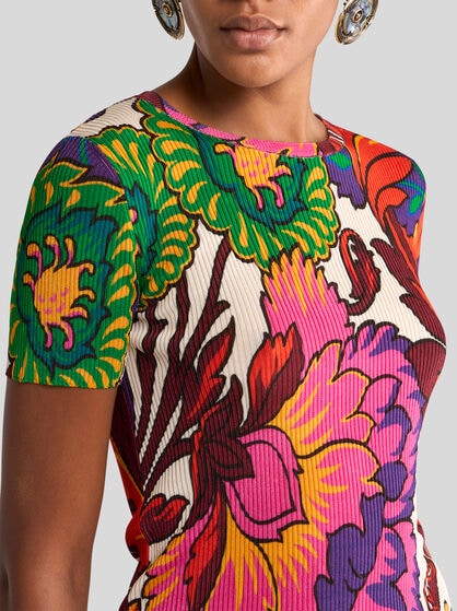 RIBBED T-SHIRT WITH MULTICOLOURED FLORAL PRINT