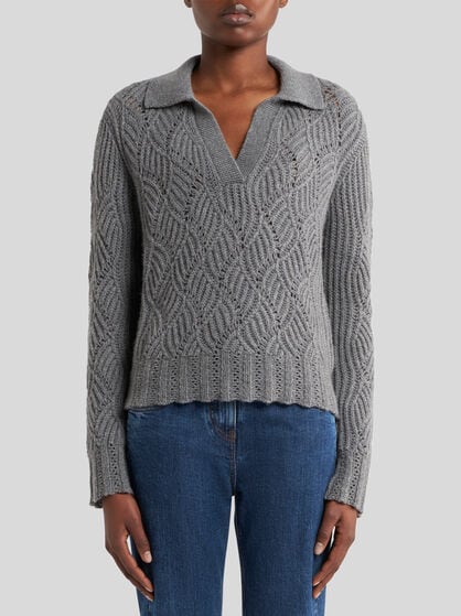 CASHMERE POLO SWEATER WITH PERFORATED MOTIF
