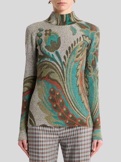RIBBED WOOL TURTLENECK SWEATER WITH DAFFODIL PRINT