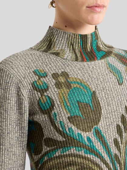 RIBBED WOOL TURTLENECK SWEATER WITH DAFFODIL PRINT