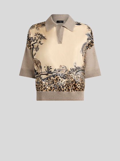 WOOL-BLEND SWEATER WITH PLACED ANIMAL AND PAISLEY PRINT