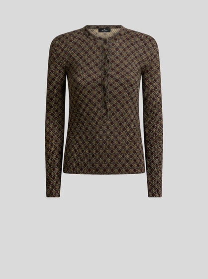 RIBBED HENLEY-NECK SWEATER WITH MICRO DIAMOND MOTIF