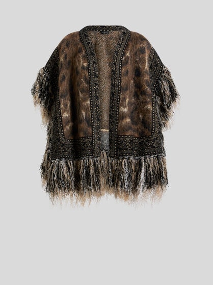 MOHAIR-BLEND JACQUARD CAPE WITH FRINGING AND LEOPARD MOTIF