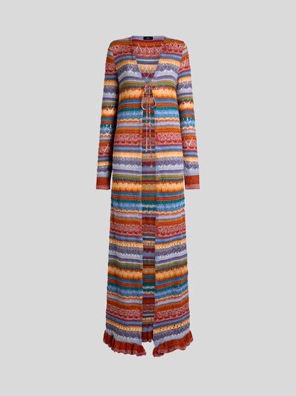 LONG KNIT COTTON CARDIGAN WITH STRIPES AND OPENWORK