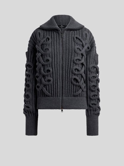 RIBBED WOOL-BLEND CARDIGAN WITH ZIP AND WOVEN DETAILING