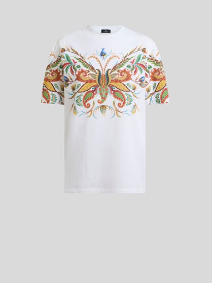 LONG COTTON T-SHIRT WITH PLACED PAISLEY FOLIAGE PRINT