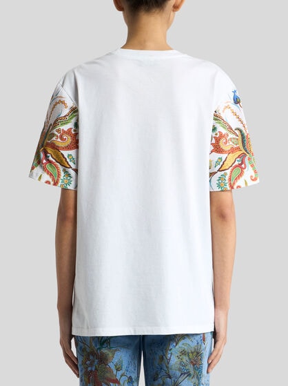LONG COTTON T-SHIRT WITH PLACED PAISLEY FOLIAGE PRINT