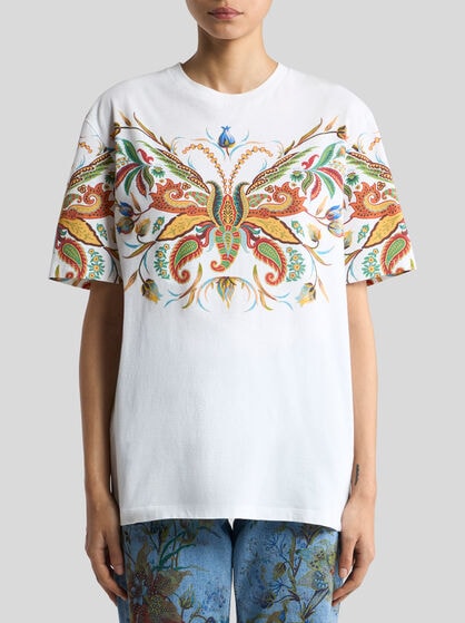 LONG COTTON T-SHIRT WITH PLACED PAISLEY FOLIAGE PRINT