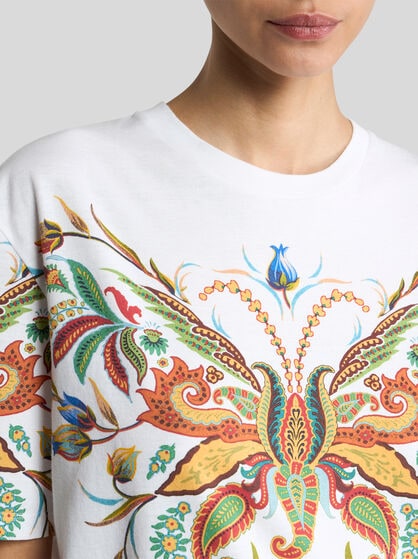 LONG COTTON T-SHIRT WITH PLACED PAISLEY FOLIAGE PRINT