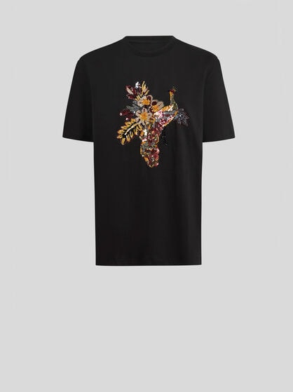 COTTON T-SHIRT WITH PEACOCK EMBELLISHMENT
