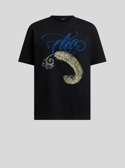 COTTON T-SHIRT WITH LOGO EMBROIDERY AND FEATHER PRINT