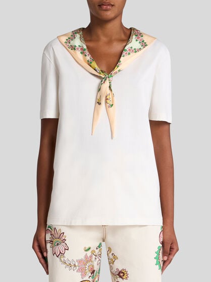 COTTON T-SHIRT WITH SILK SCARF MOTIF