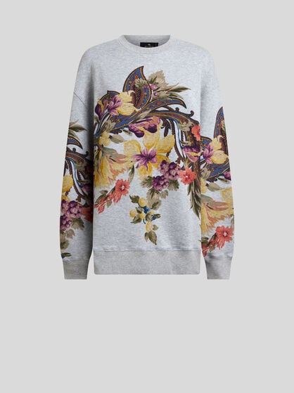 COTTON SWEATSHIRT WITH PLACED PAISLEY AND FLOWER PRINT