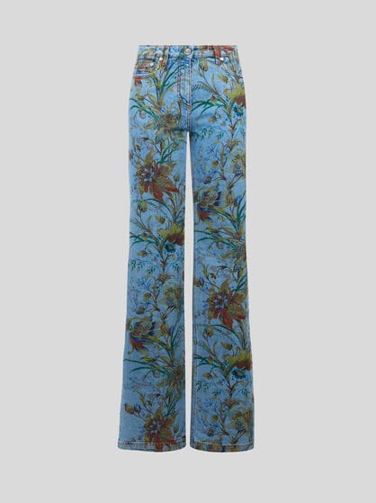 FLARED COTTON DENIM JEANS WITH FLORAL MOTIF