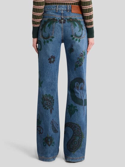 FLARED JEANS WITH FLOWER AND BEE PRINT