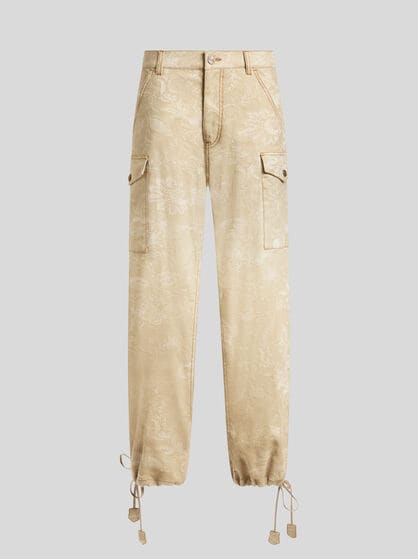 フローラルモチーフ コットン＆リネン ジャカード デニム カーゴジーンズ