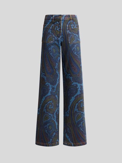 WIDE-LEG JEANS IN STRETCH COTTON DENIM WITH PAISLEY MOTIF