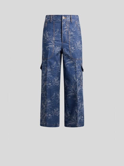 CROPPED COTTON AND LINEN JACQUARD DENIM JEANS WITH LEAFY PAISLEY MOTIF