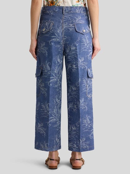 CROPPED COTTON AND LINEN JACQUARD DENIM JEANS WITH LEAFY PAISLEY MOTIF