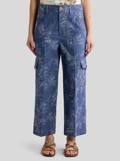 CROPPED COTTON AND LINEN JACQUARD DENIM JEANS WITH LEAFY PAISLEY MOTIF