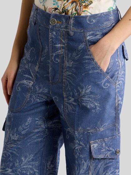 CROPPED COTTON AND LINEN JACQUARD DENIM JEANS WITH LEAFY PAISLEY MOTIF