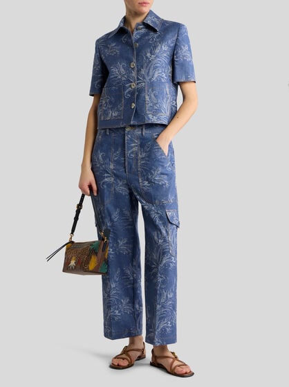 CROPPED COTTON AND LINEN JACQUARD DENIM JEANS WITH LEAFY PAISLEY MOTIF