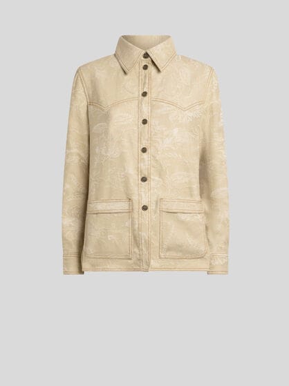 フローラルモチーフ コットン＆リネン ジャカード デニム ジャケット