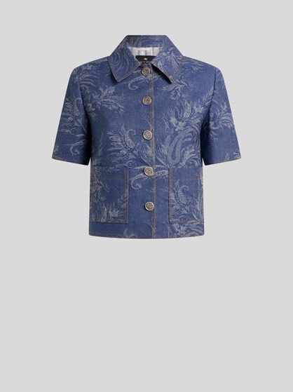 COTTON AND LINEN JACQUARD DENIM SHIRT WITH SHORT SLEEVES AND LEAFY PAISLEY MOTIF