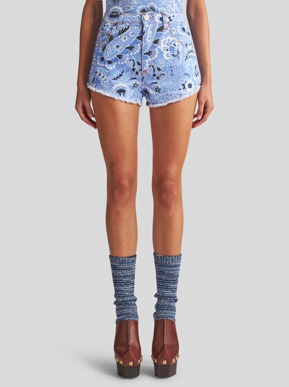 プリント デニム ショートパンツ