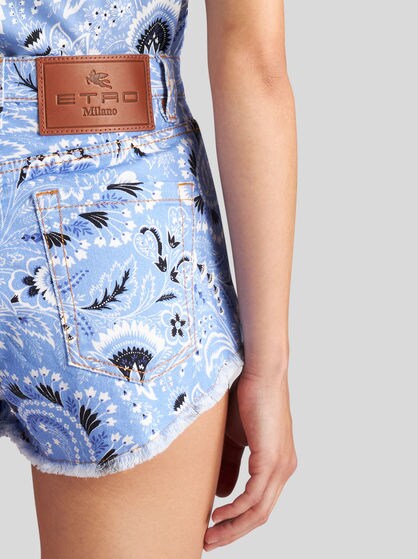 プリント デニム ショートパンツ