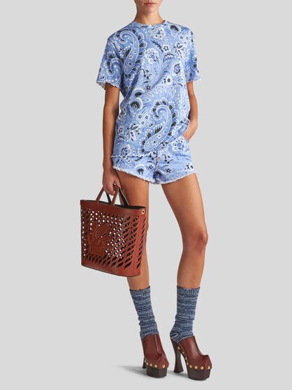 プリント デニム ショートパンツ