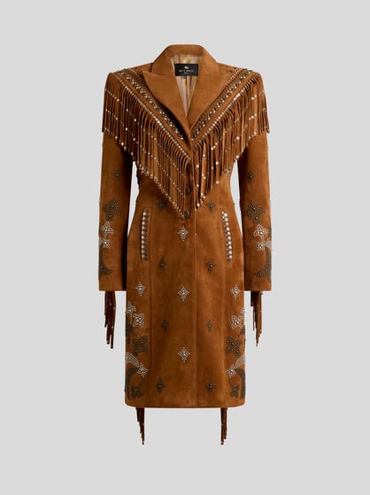 LEATHER COAT WITH STUDS AND FRINGING