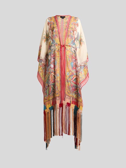 SEERSUCKER KAFTAN WITH FRINGING AND PLACED PAISLEY FOLIAGE PRINT