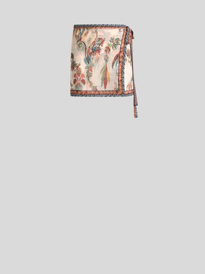 SEERSUCKER COVER-UP MINI SKIRT WITH PAISLEY FOLIAGE MOTIF