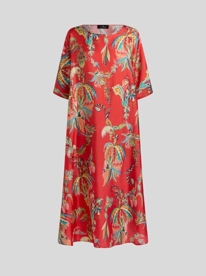 LONG TUNIC DRESS IN SILK TWILL WITH PAISLEY FOLIAGE MOTIF