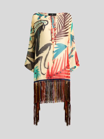 ETRO X TABBY BOOTH SEERSUCKER COVER-UP DRESS WITH FRINGING AND PLACED PRINT