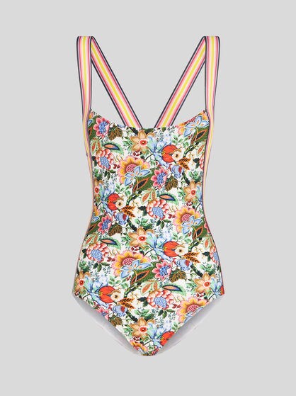 PRINTED SWIMSUIT WITH CRISS-CROSSING SHOULDER STRAPS
