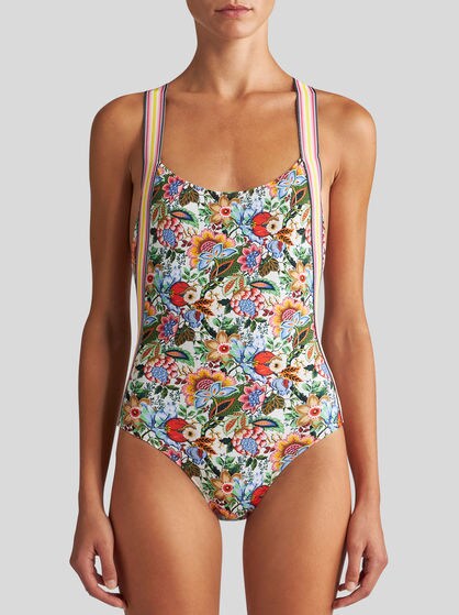PRINTED SWIMSUIT WITH CRISS-CROSSING SHOULDER STRAPS