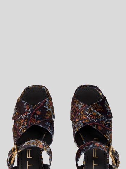 PRINTED VELVET PLATFORM SANDALS
