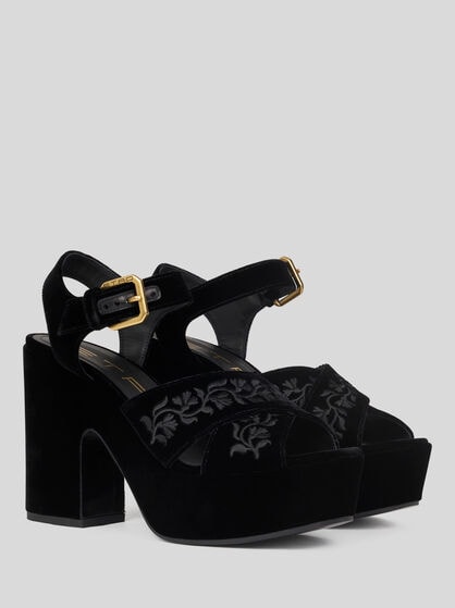 VELVET PLATFORM SANDALS WITH EMBROIDERY