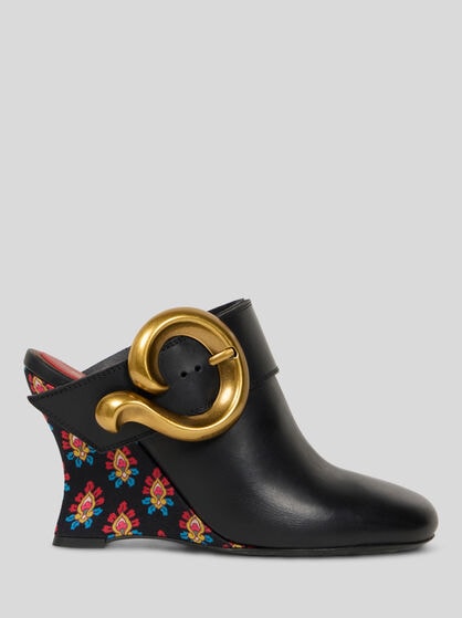 LEATHER MULES WITH WEDGE AND PAISLEY BUCKLE