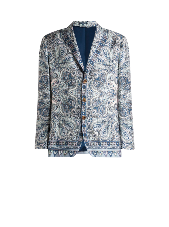 Etro, Giacca Monopetto In Seta Con Stampa Piazzata Paisley Pochette, Uomo, Azzurro, Taglia 44