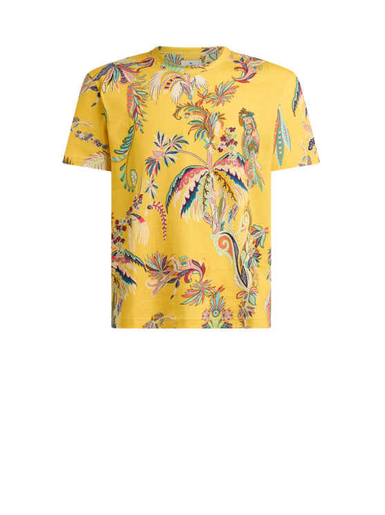 Etro, Camiseta De Punto De Algodón Con Motivo De Loros Y Palmeras, Herren, Amarillo, Tamaño XS