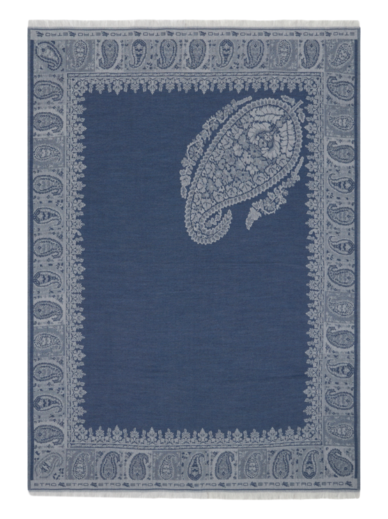 Etro, Plaid De Lana Con Motivo Paisley Floral, Azul